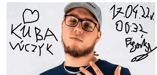 a man wearing glasses and a hat with the date 17.04.22 written on the bottom