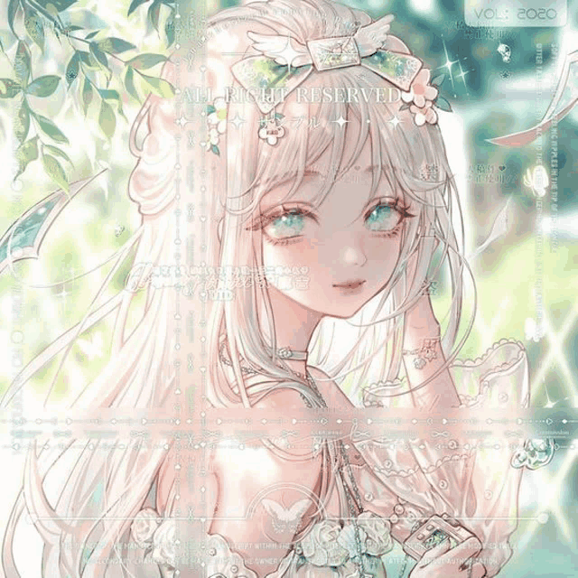 a drawing of a girl with white hair and blue eyes with the words all right reserved on the bottom
