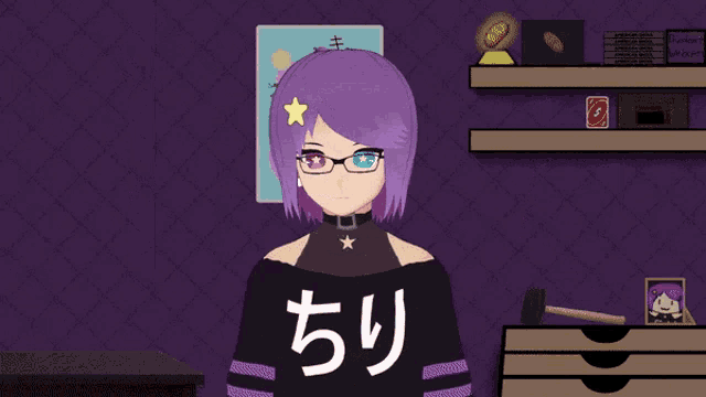 a cartoon girl with purple hair and glasses has a yellow star on her head