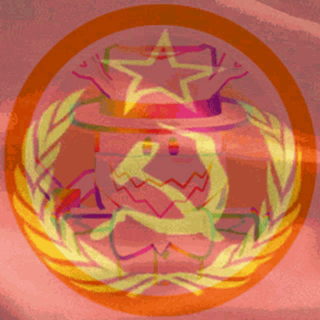 a red circle with a hammer and sickle and a star on it