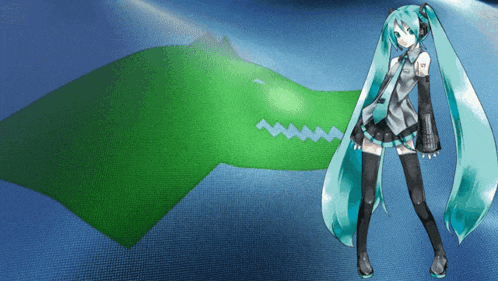 hatsune miku stands in front of a green crocodile