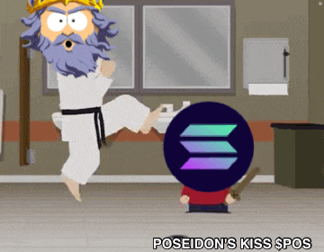 a cartoon of poseidon kicking a coin with the words poseidon 's kiss pos below it
