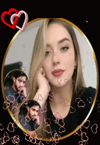 a woman and a man are in a circle with hearts surrounding them