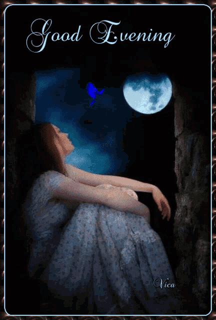 a picture of a woman sitting in front of a full moon with the words good evening below her