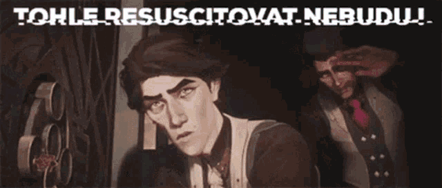 a man in a suit and tie is standing next to another man with the words totohle resucitovat nebudu written on the bottom