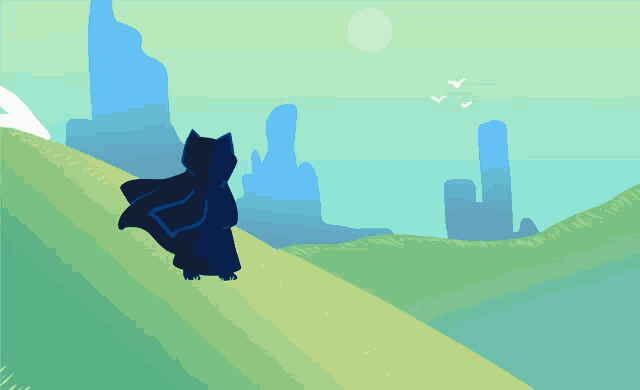 a cartoon drawing of a cat standing on a hill