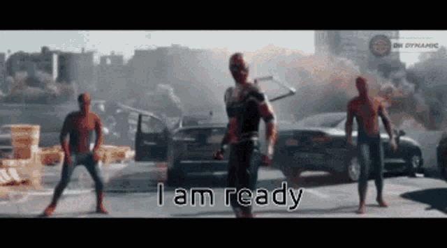 a group of spidermans are standing in a parking lot with the words " i am ready " written below them