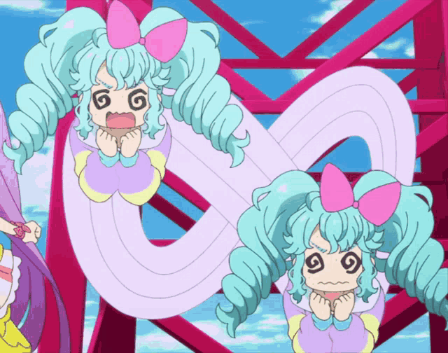 a girl with a pink bow on her head has a swirl on her face