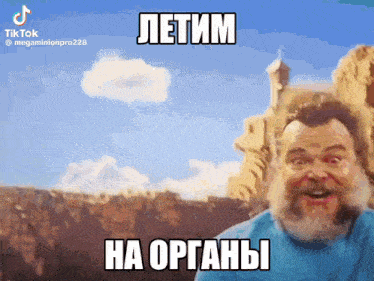 a man with a beard and a blue shirt is making a funny face while standing in front of a mountain .