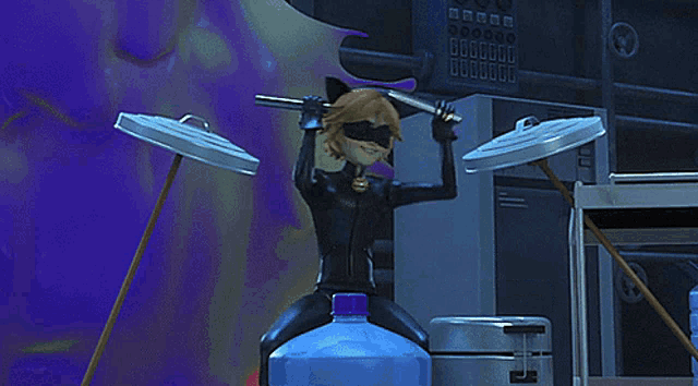 a cartoon character playing drums with a bottle of water