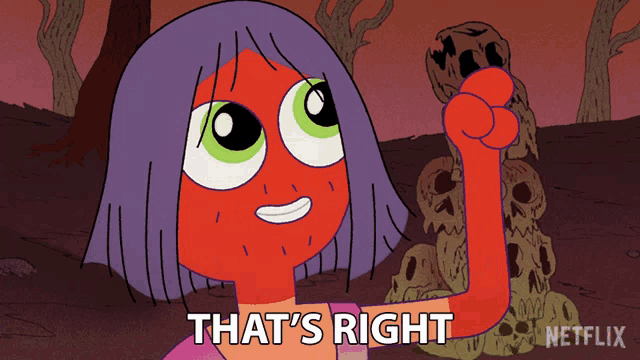 a cartoon character says that 's right in front of a stack of skulls