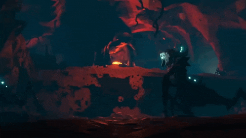 a monster with a glowing head is standing in the dark