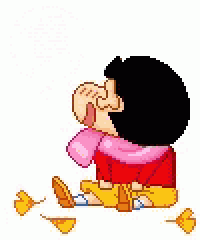 a pixel art drawing of a boy sitting on the ground thinking about a girl .