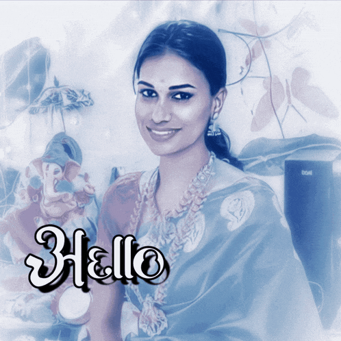 a woman in a blue saree with the word hello on the bottom right