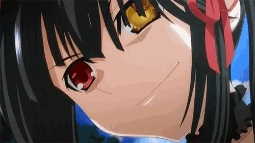 a close up of a anime character with red eyes