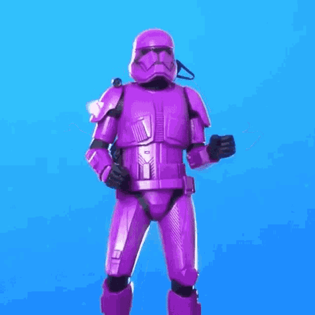 a purple storm trooper is standing in front of a blue background with his arms outstretched .