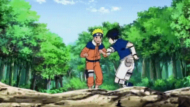naruto and sasuke are standing next to each other in the woods shaking hands .