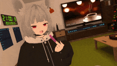 a girl in a room with a clock that says 2 00 8 on it