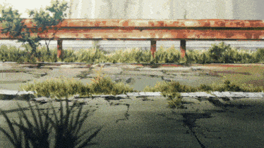 a painting of a road with grass growing on the side of it