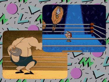 a cartoon of a man in a wrestling ring and a cartoon of a man in a boxing ring