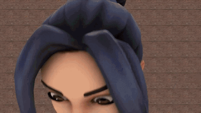 a close up of a woman 's face with blue hair and brown eyes