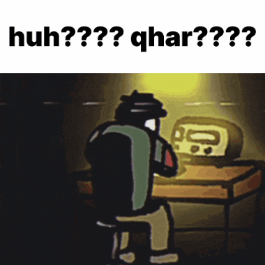 a cartoon of a man sitting in front of a radio with the words huh ? qhar ?