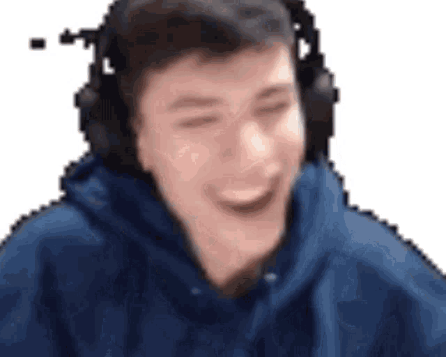 a pixel art of a man wearing headphones and a blue hoodie .