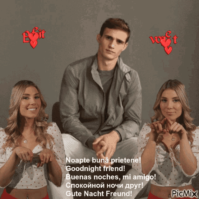 a picture of a man sitting next to two women with a caption that says goodnight friend