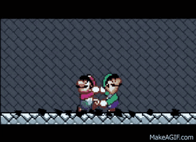 a video game scene with mario and luigi standing next to each other on a brick wall .
