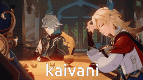 a video game character named kaivani sits at a table with a glass of wine