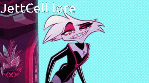 a cartoon character is standing in front of a blue background with the words jettcell lore written above her .