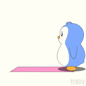 a penguin is doing a yoga pose on a pink yoga mat