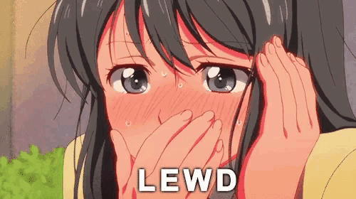 a girl is covering her face with her hands and the word lewd is written below her