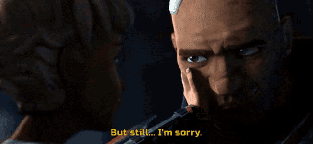 a man with a bandage on his head is being comforted by a woman who says " but still i 'm sorry "