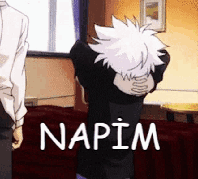 a person with white hair is covering their face with their hands and the word napim is on the bottom of the picture .