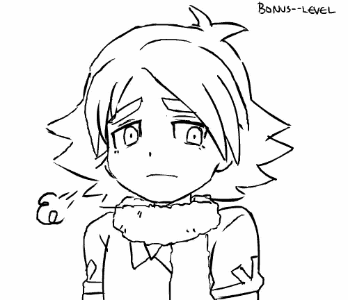 a black and white drawing of a boy with a scarf around his neck and the words bonus-level below him
