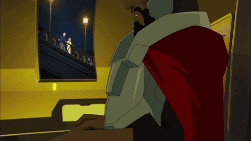 a cartoon character with a red cape on his back