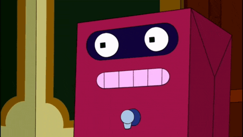 a cartoon drawing of a pink box with white eyes and mouth