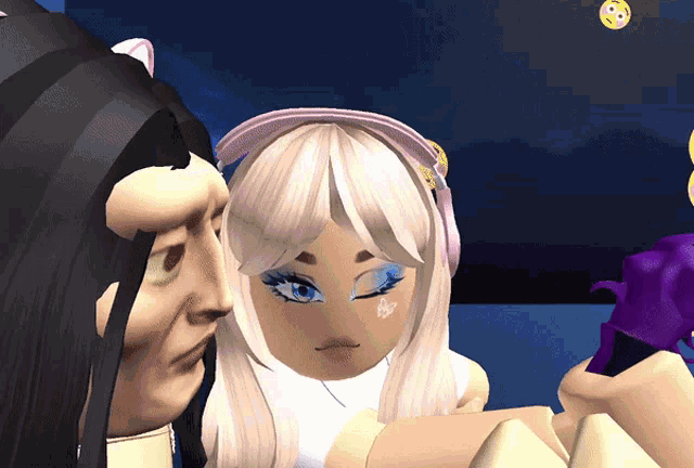 a girl with a butterfly on her face is surrounded by a man and another girl