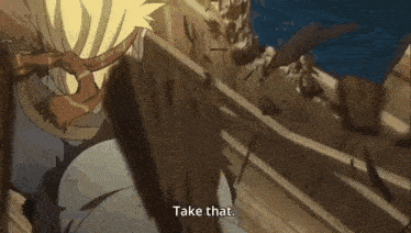 a cartoon shows two men fighting and one of them says " take that "