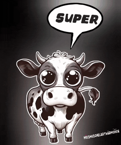 a black and white drawing of a cow with a super speech bubble above it