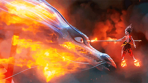 a cartoon character is holding a stick in front of a large fire dragon