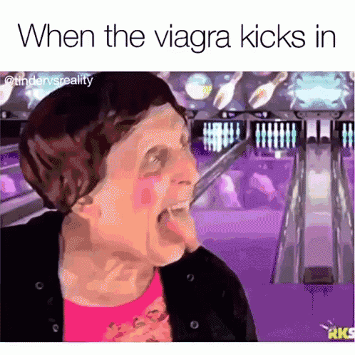 a woman sticking her tongue out in front of a bowling alley with the words when the viagra kicks in