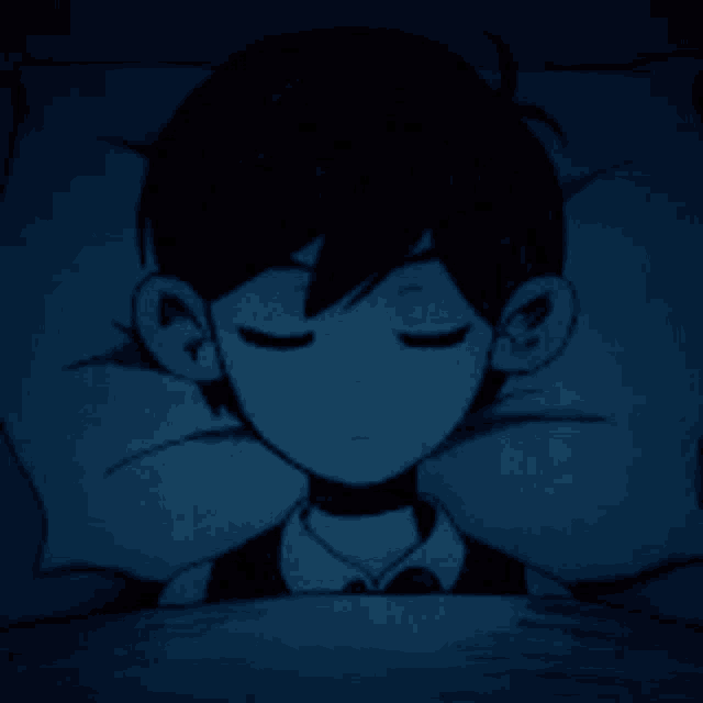 a drawing of a boy in a bed with a blue background