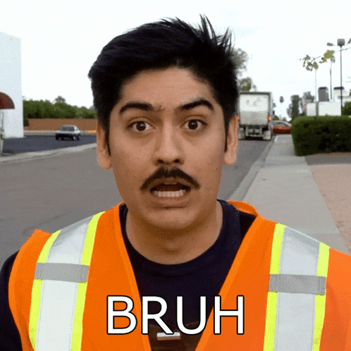 a man with a mustache is wearing an orange vest that says bruh on it