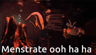 a group of cartoon characters standing next to each other with the words menstrate ooh ha ha written on the bottom .