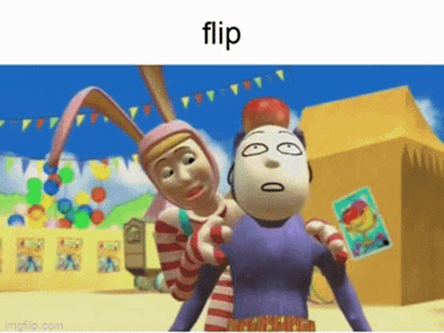 two cartoon characters are standing next to each other and the word flip is on the bottom of the image .