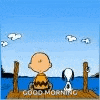 charlie brown and snoopy are sitting on a dock and saying good morning .