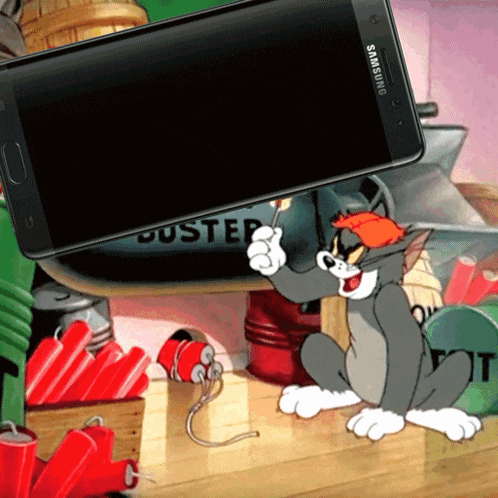 a tom and jerry cartoon with a samsung phone on top