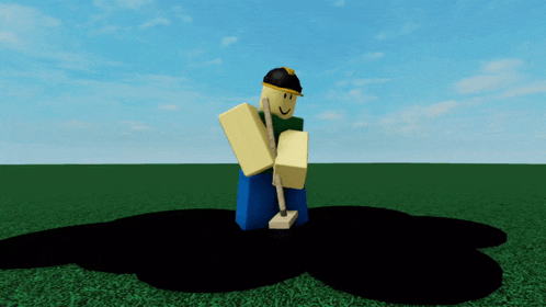 a roblox character is standing in a field with a shovel
